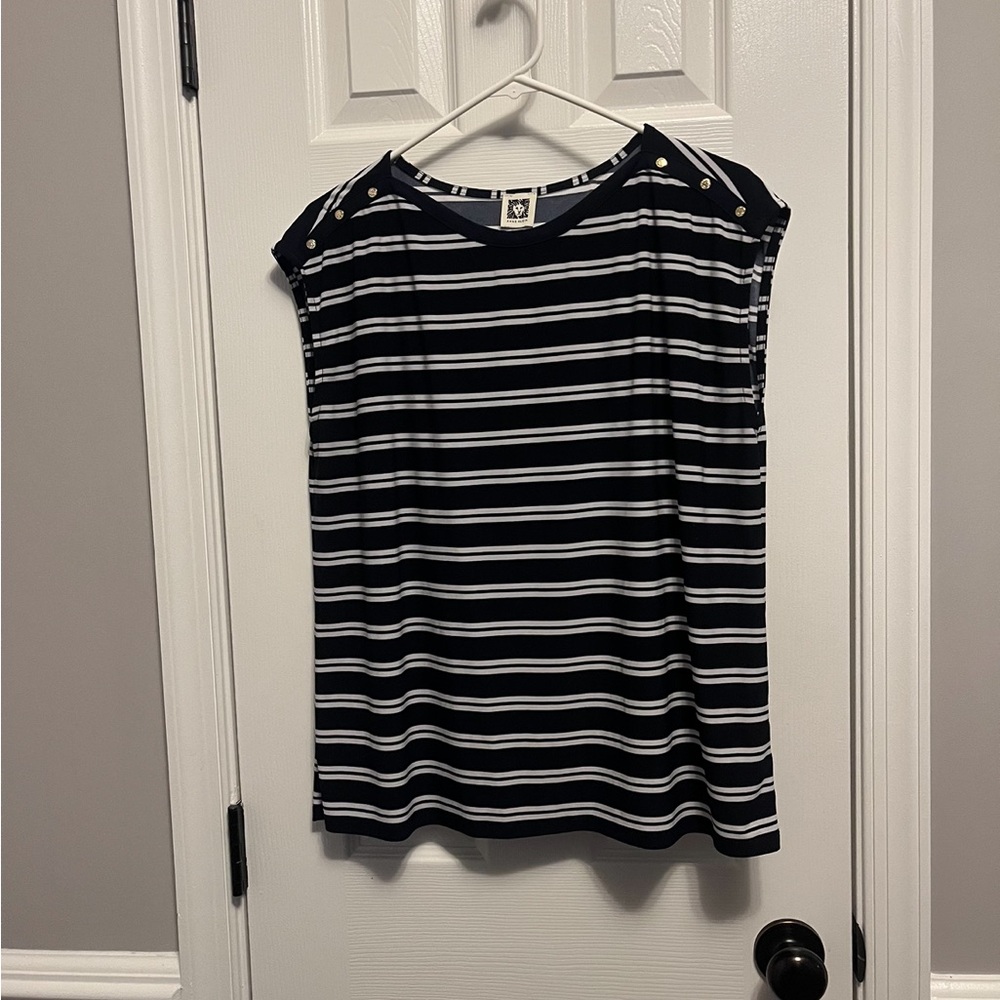 Anne Kline Navy Blue & White Striped Top with‎ Decorative Buttons on Shoulders L